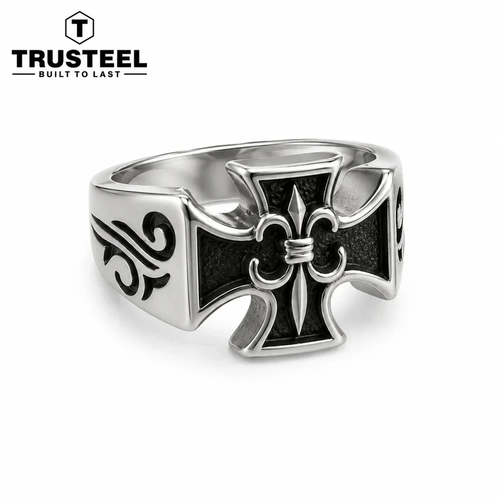 Men’s Stainless Steel Gothic Cross Ring Biker Punk Signet Black Enamel Size 9